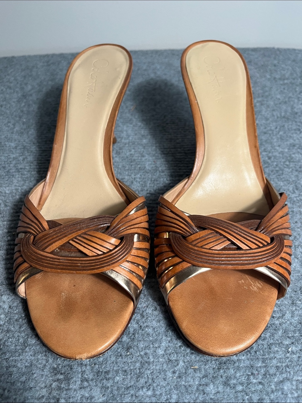 Cole Haan Tan Brown Woven Leather Slide Mules